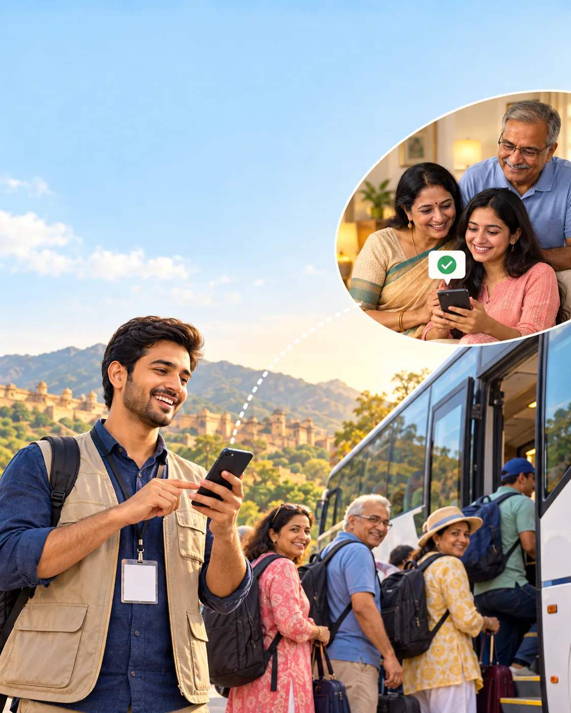 Tour leader coordinating a group trip while family receives an update